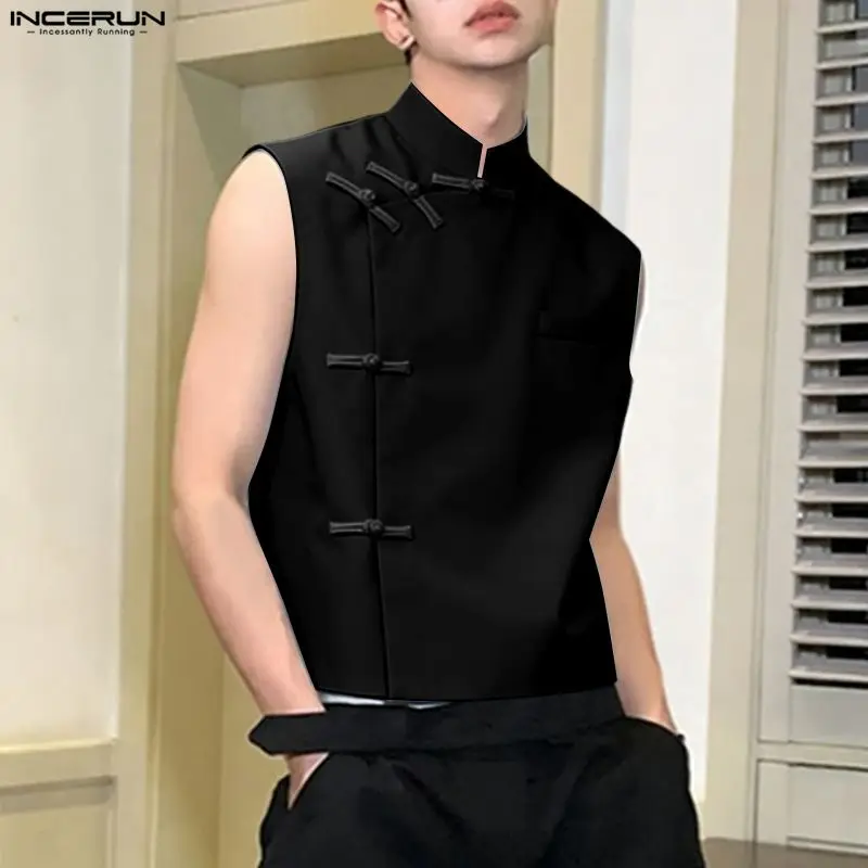 INCERUN Herren Tanktops Einfarbig Stehkragen Ärmellose Männerwesten Sommer Streetwear Locker 2026 Vintage Lässige Herrenbekleidung Oberteile
