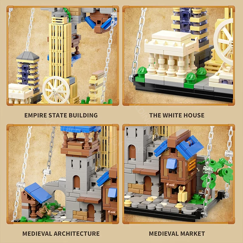 Creative Anti Gravity DIY Reversed World Medieval- Modern City Desktop Decor Sets Assembly Building Block Toys For Children Gift