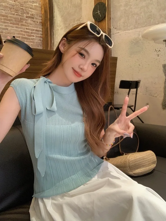 

Sweet Stylish Slim Fit Knitted Vest Top Women's Summer Soft Wind Fashionable Tie Waist Stand Collar Sleeveless Patchwork