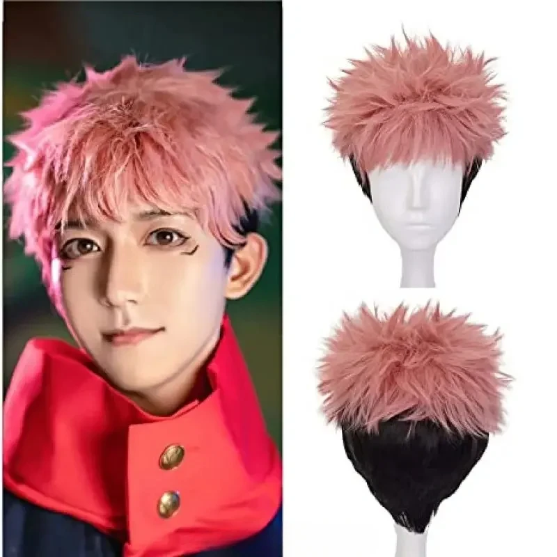 Anime Pink Mix Black Short Synthetic Wig for Yuji Itadori Cosplay Wig Halloween Costume Themed Party Cosplay Wig