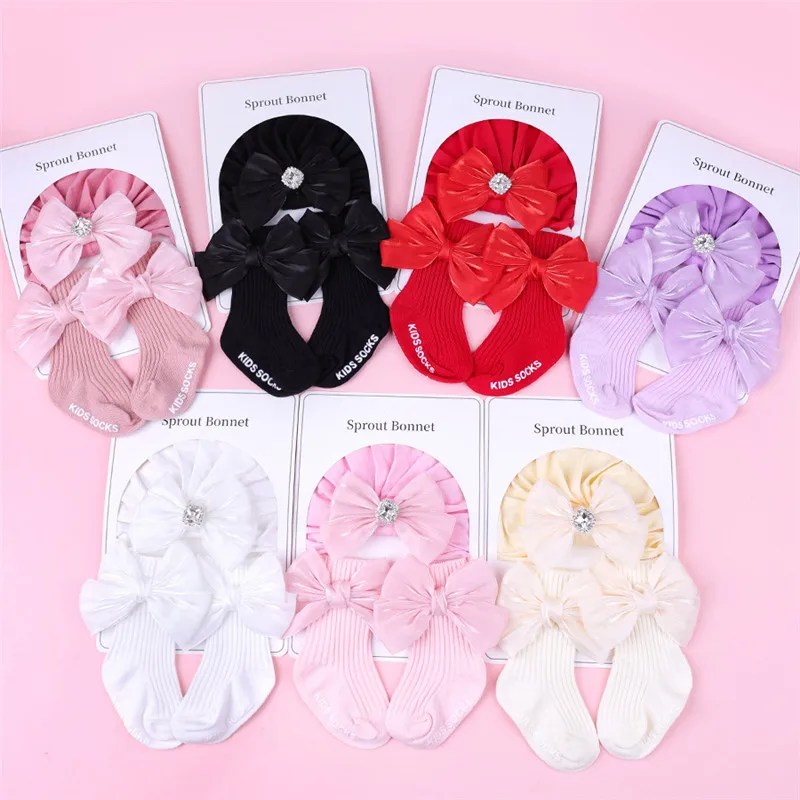 

Комплект носков с бантом для новорожденных, однотонная шапка-тюрбан для маленьких девочек