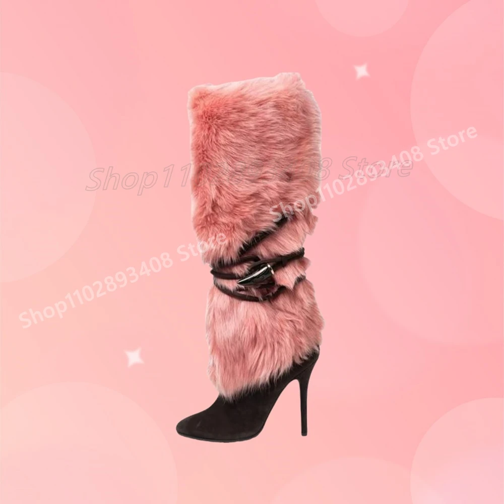 Rosa pena decoração tiras meados de bezerro botas estilo retro stiletto salto alto elegante sexy sapatos femininos 2025 novos zapatos para mujere