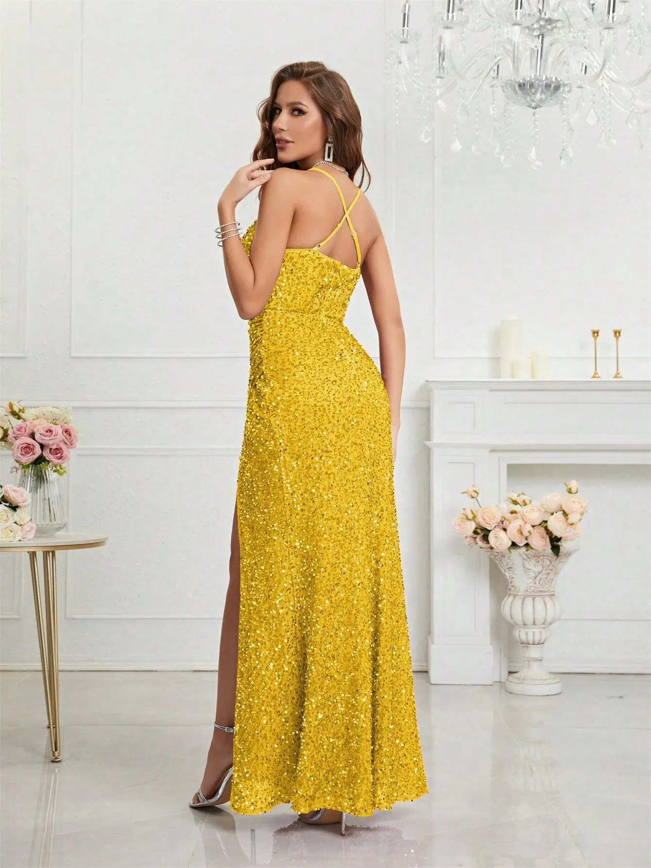 ICCLEK-Robe longue à sequins pour femmes, robe de gala élégante, jaune, fendue sur la cuisse