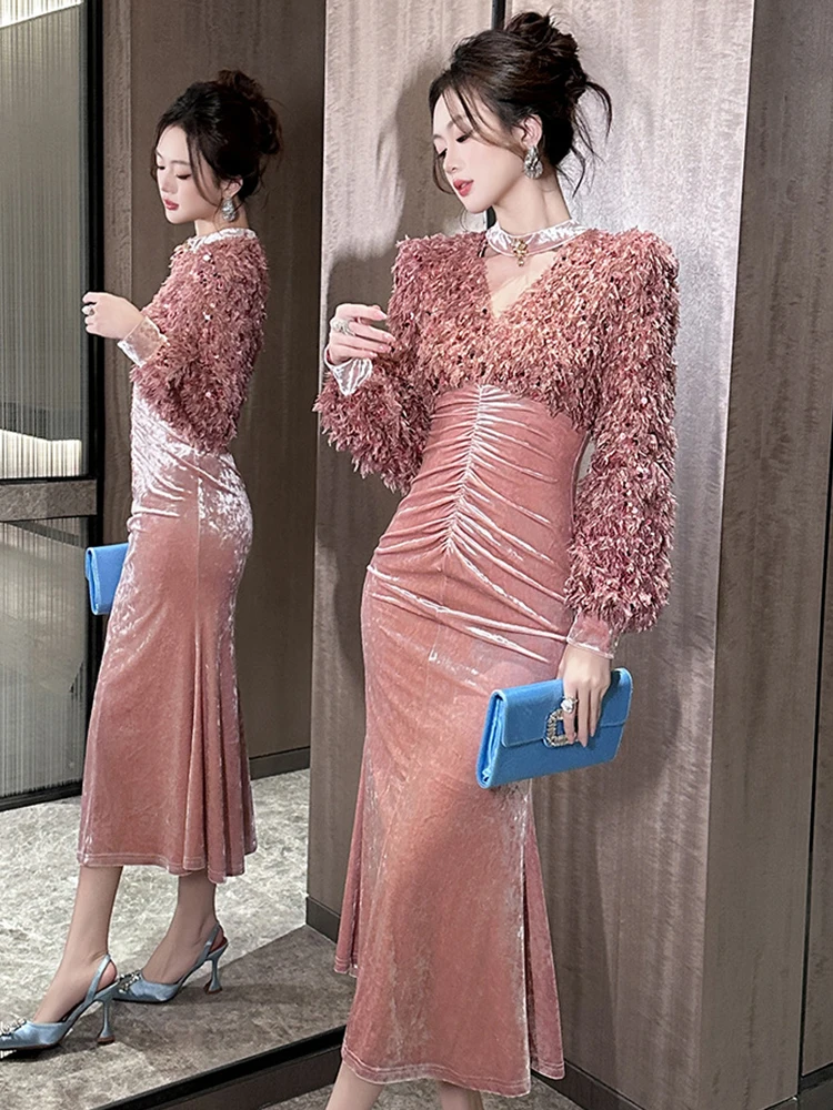 Vestido de festa de aniversário estilo francês feminino retrô celebridade pele retalhos oco corte diamante dobras rabo de peixe robe banquete