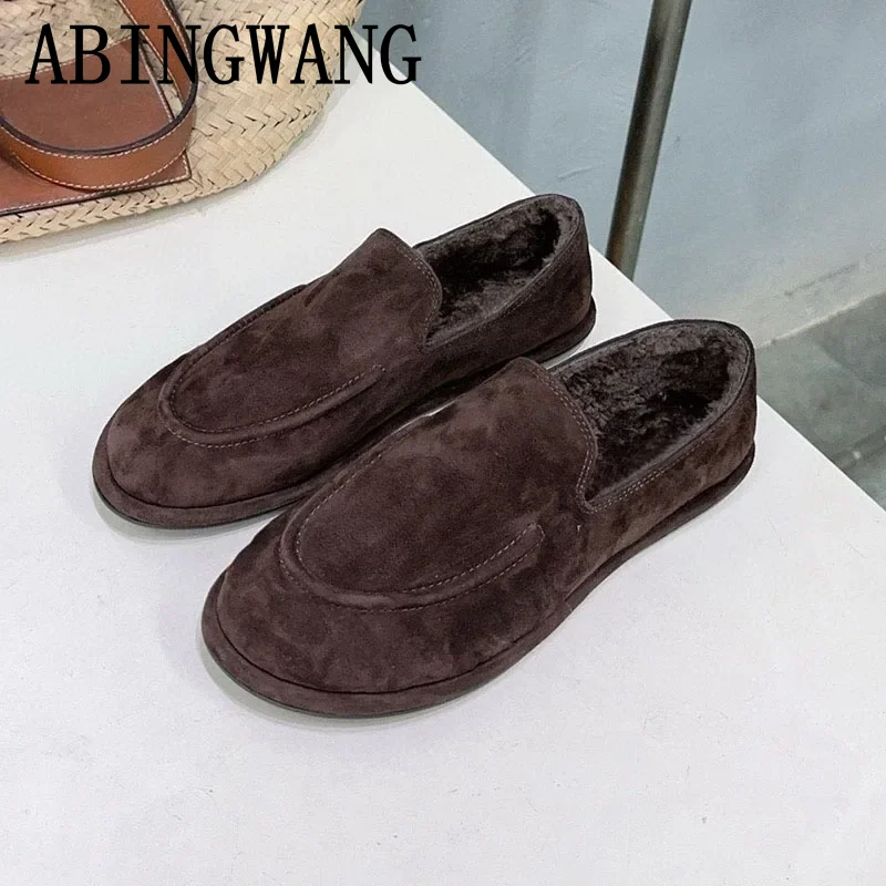 Autumn Winter New Suede Inside Fur Flats Plush Loafers for Women Slip On Casual Ladies Warm Shoes Lazy Shoes Women Casual Shoes