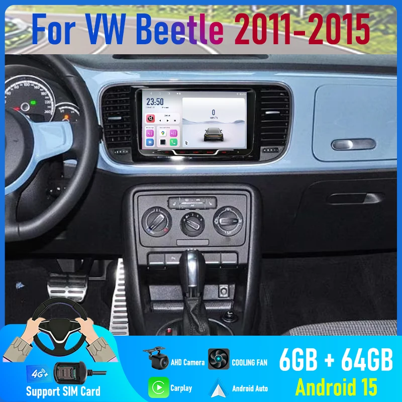 9'' For VW Beetle 2011-2015 Car Radio 4G SIM Wireless Carplay Android 15 Auto Steering Wheel Control Bluetooth Google Map FM GPS