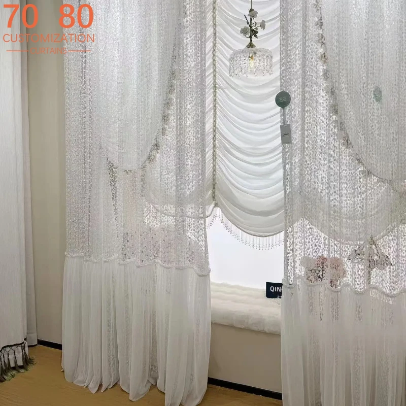 

Relief Woven Skirt Splicing Cream Window Screen Curtains for Living Room Bedroom French Window Customized Partition Curtain
