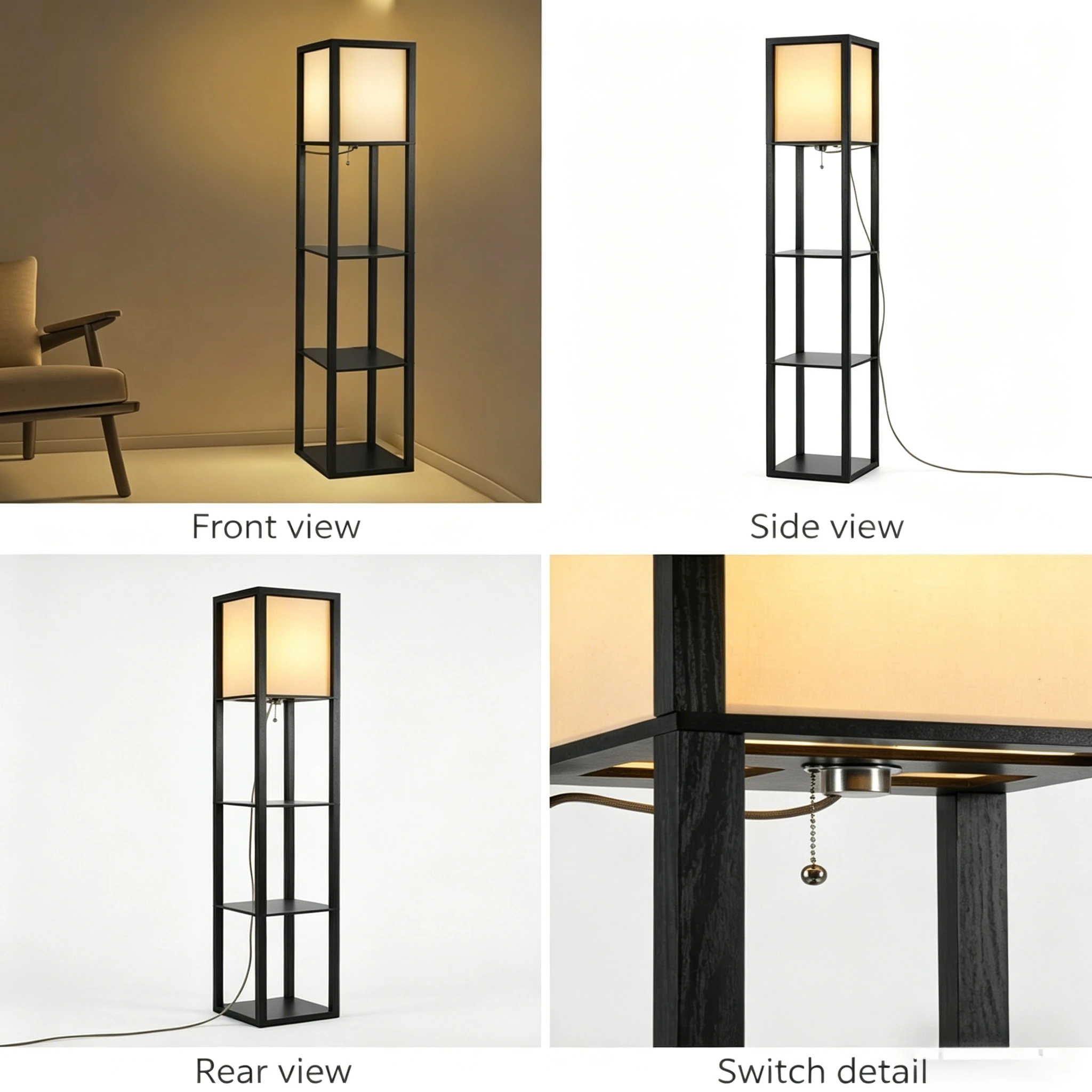 Multi-functional Floor Lamp with 3 Storage Shelves Linen Shade Standing Light for Living Room Bedroom Study