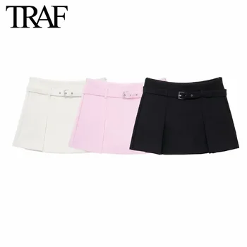 TRAF 여성용 화이트 단색 캐주얼 벨트 사이드 지퍼 미니 퀼로트, 하이 웨이스트 A 라인 와이드 레그 반바지 스커트 바지, 여름 신상 패션