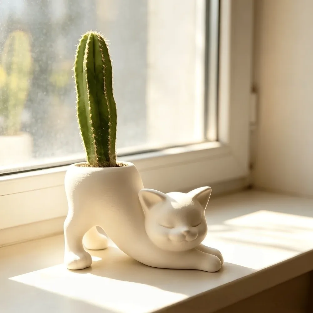 Irregular Shape Cat Plant Pot 3D Printed Ornaments Flowerpot Holder Standing Cat-Shaped Kitten Planter for Cacti Herbs Flowers