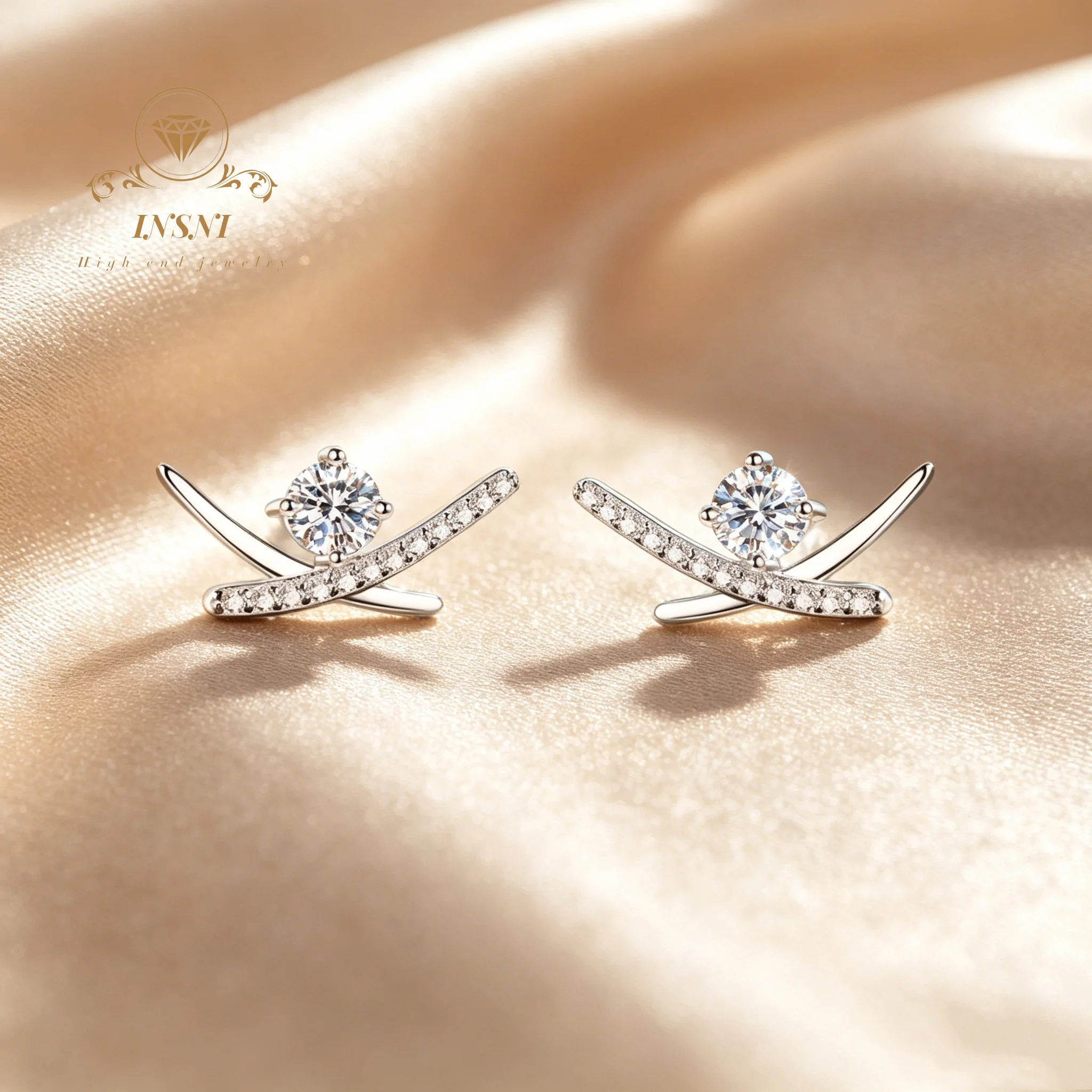 S925 Sterling Silver Moissanite Stud Earrings Female Cross Geometric French Generous Versatile Affordable Light Luxury Jewelry
