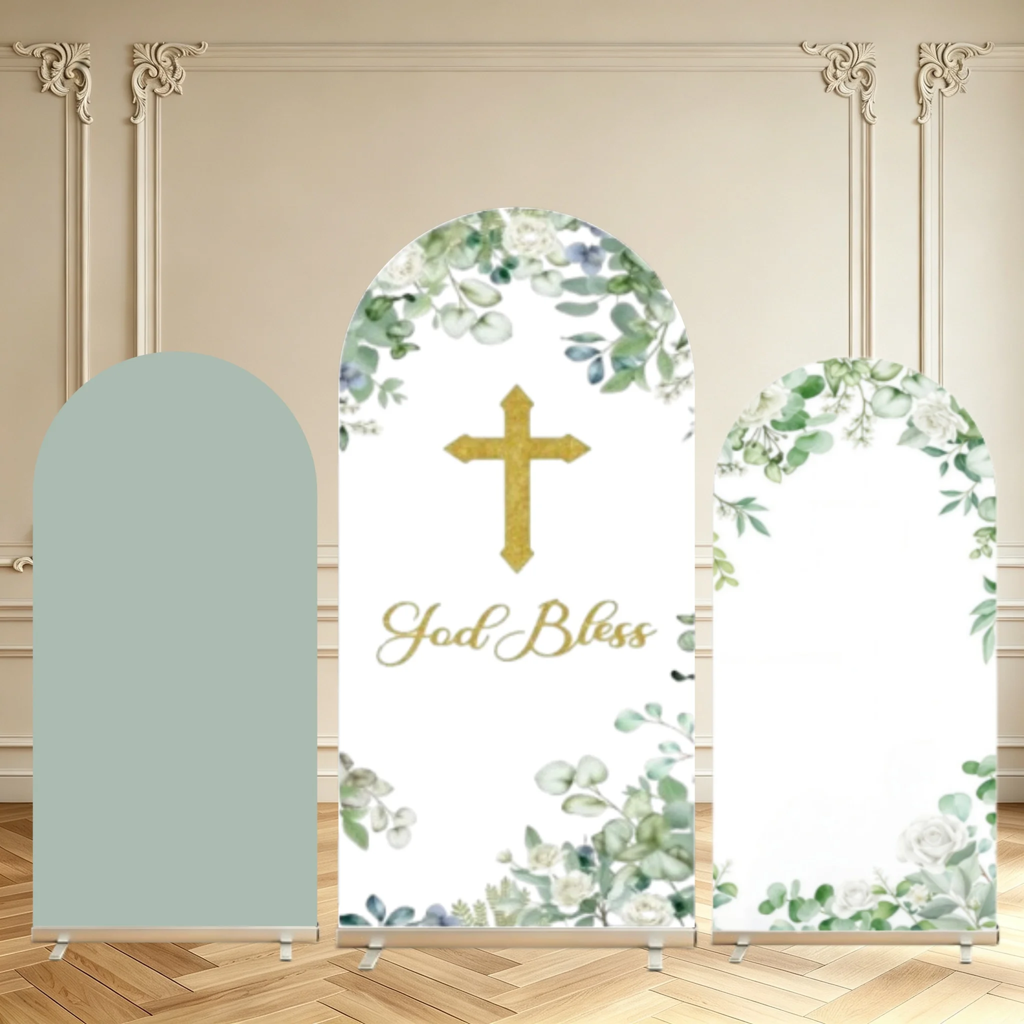 First Communion Arch Backdrop Cover Green Eucalyptus Floral Gold Cross God Bless Baptism Christening Religious Party Arch Covers