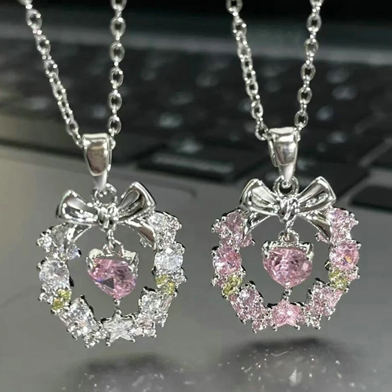 2024 Fashion Pink Zircon Bow Knot Heart Pendant Necklace Y2K Sweet Girls Women Clavicle Chain Necklace Jewelry Gifts