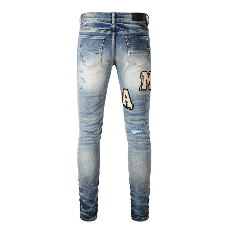 Top quality AMIR new trend slim fit elastic versatile distressed pants blue distressed fabric sticker letter fashionable jeans