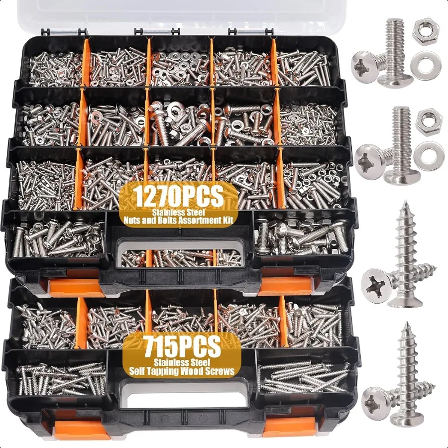 2002PCS Nuts and Bolts Assortment Kit304 Stainl Steel Screws Assortment Kit Metric SAE Phillips Pan Head and Flat Head Hardware