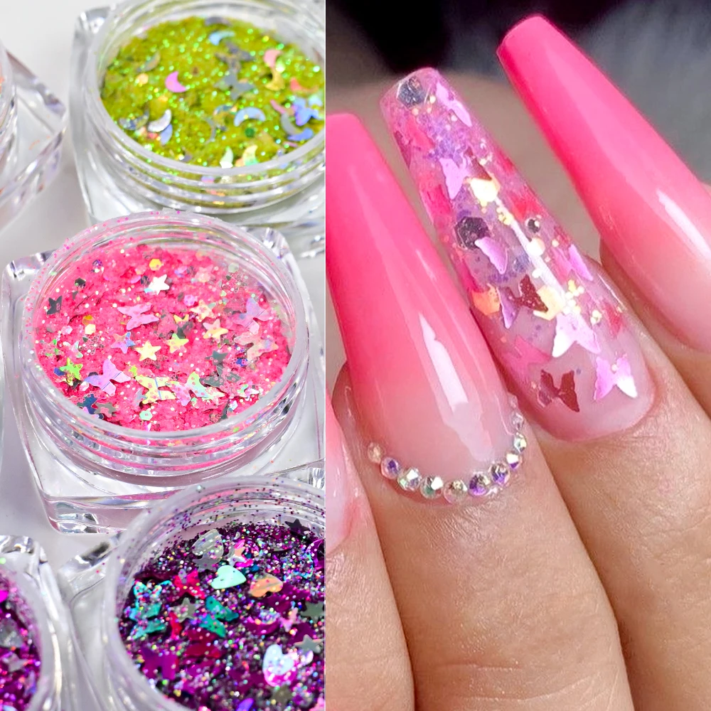 ผงกลิตเตอร์โฮโลแกรมลายผีเสื้อ ดาว พระจันทร์ 12 กล่อง ผสมผงวิ้งๆ สำหรับตกแต่งเล็บ ทำเล็บ DIY กลิตเตอร์เล็บ