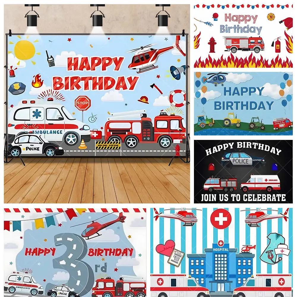 Cartoon Ambulance Fire Truck Airplane Hospital Care Girl Boy Birthday Party Backdrop Custom KidRoom Decor Photography Background