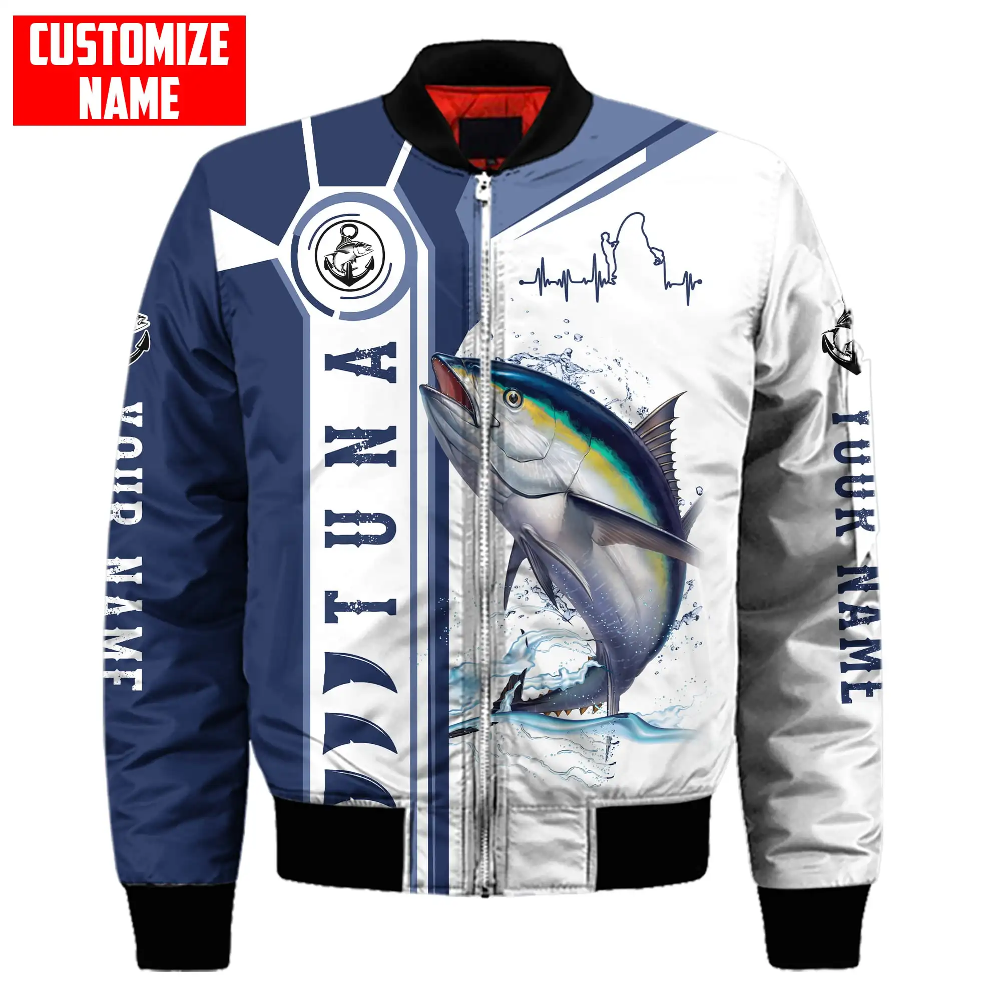 

Winter Men Bomber Jacket Tuna / Marlin Fishing Custom Name 3D Print Thick Pocket Zip coat Unisex Casual Warm Zipper jacket FX-03