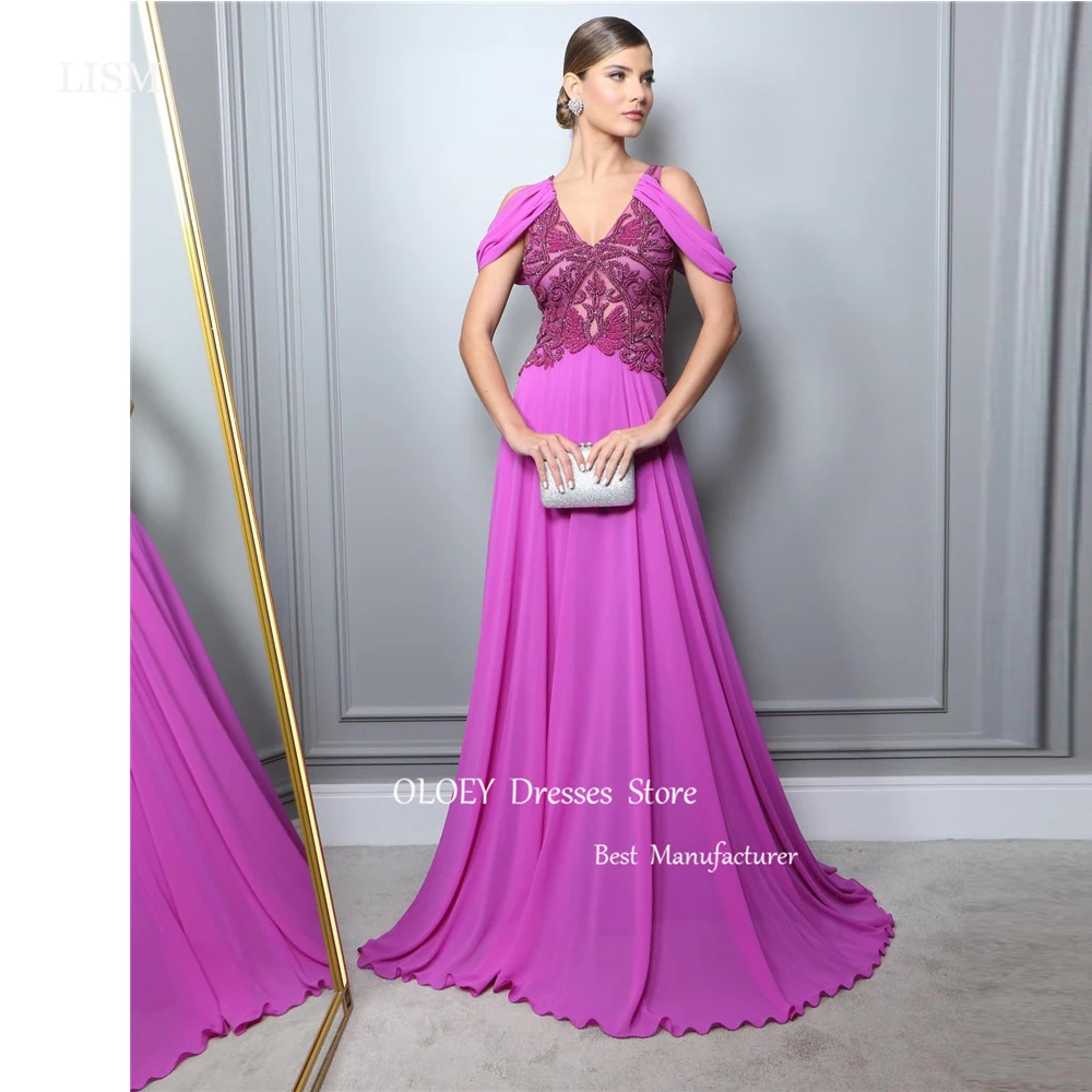 

LISM Elegant Purple Chiffon Evening Dresses V Neck Embriodery A Line Long Prom Gowns Formal Party Dress