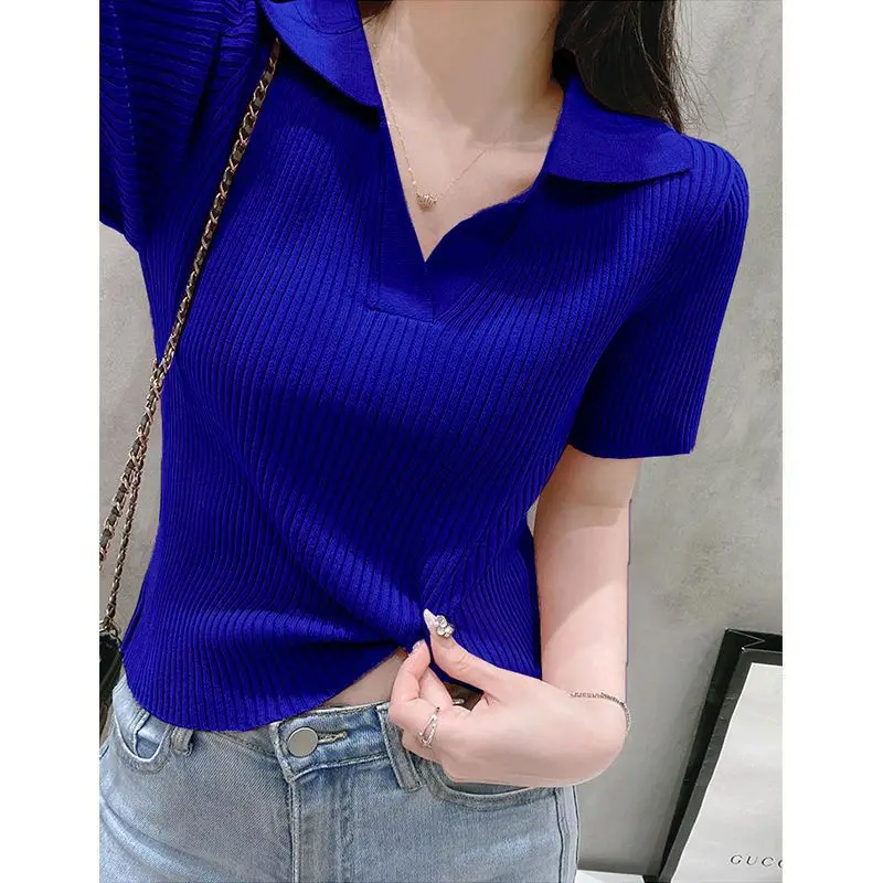 2024 Korean Version Simple Solid Color Knitted Sweater Short Sleeve Summer Slim Lapel Versatile Short Top