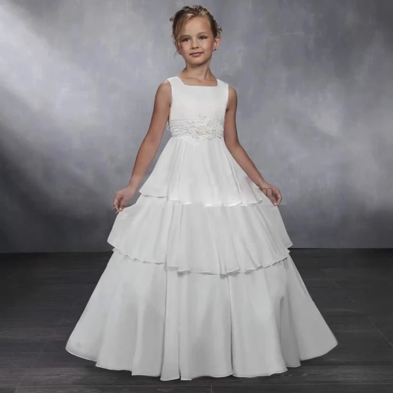 2026 Kids Princess Tutu Dress Simple Solid New Children White Sleeveless Square Neck Host Performance Birthday Flower Girl Gown