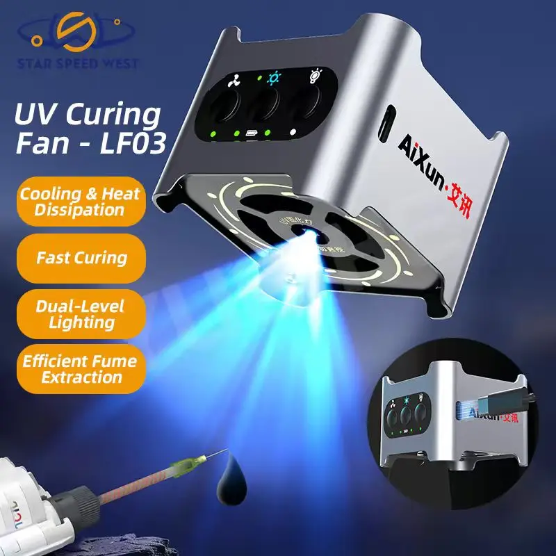 

Вентилятор для УФ-отверждения AIXUN LF03 4-в-1: охлаждение, быстрое отверждение, двухуровневая подсветка, вытяжка дыма для ремонта телефонов