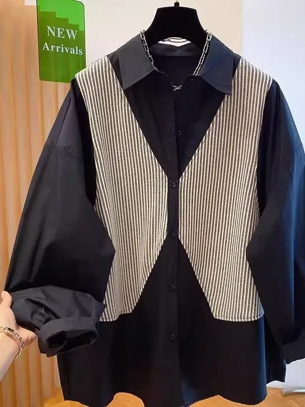 

plus Size 300 Pou Striped Collar Loose Men's irt Spring Autumn Splicing Fake Two-Piece Breathable Comfortable Top