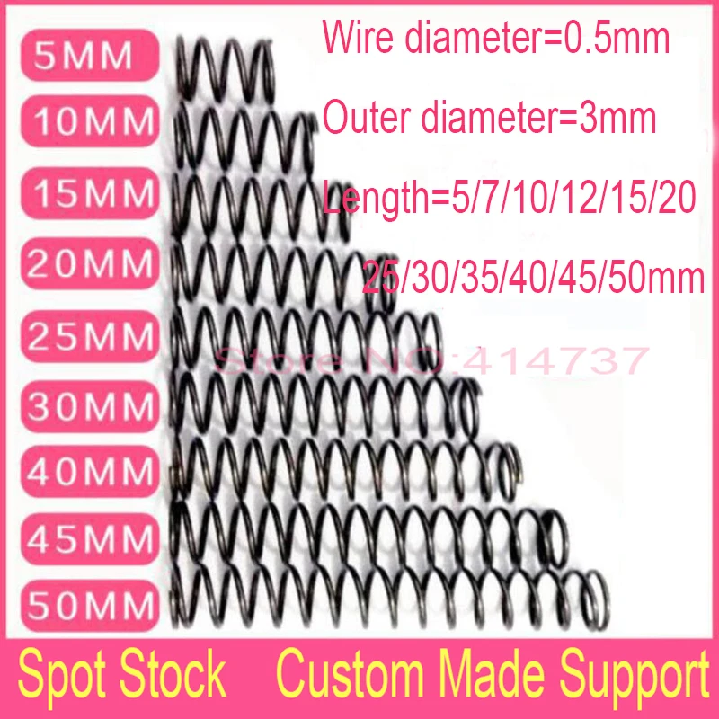 

50pcs 0.5*3mm OD 3mm Series Small Spot Spring 0.5mm Wire Compression Pressure Springs Length 5--50mm