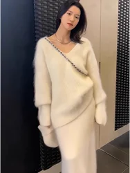 Women Elegant Beige Knitted Skirt Suits Fashion V Neck Long Sleeve Sweater Pullover Set 2024 Autumn High Street Outfits