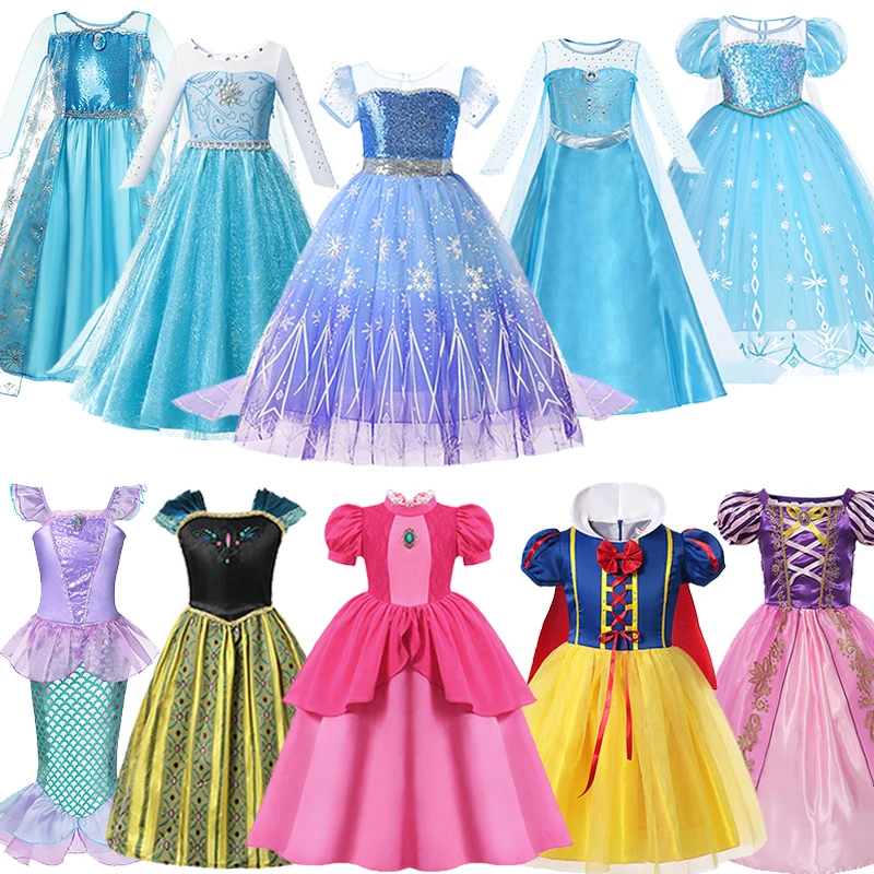 Disney Girls Elsa Anna Dresses Children Christmas Dress Kids Jasmine Rapunzel Peach Princess Flower Disguise Cosplay  Costumes