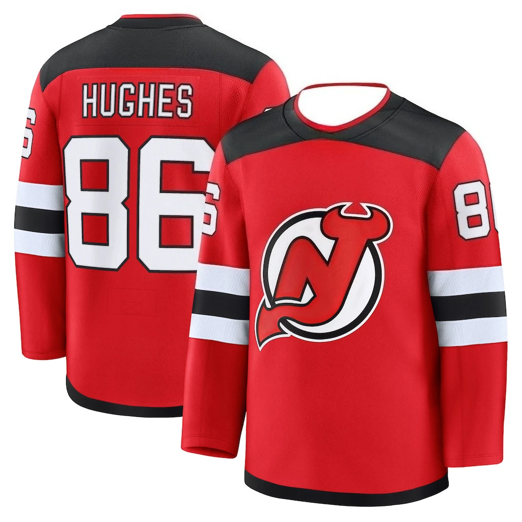 جيرسي الهوكي - أسود مع لمسات بيضاء/حمراء "Hughes 86" شعار "Jersey" طبقة أساسية مريحة للخريف والشتاء