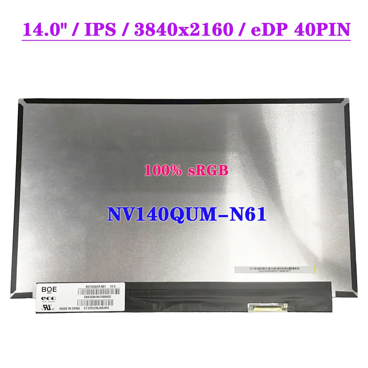 

14,0-дюймовая тонкая панель дисплея 4K NV140QUM-N61 IPS 3840x2160 UHD ЖК-экран ноутбука EDP 40-контактная замена матрицы