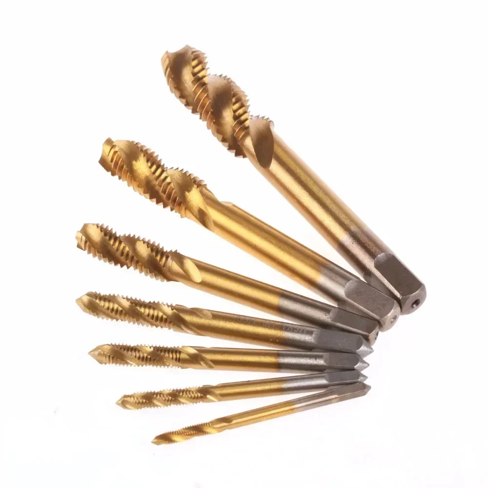 HSS M3 M4 M5 M6 M8 M10 M12 Machine Spiral Point Straight Fluted Hand Tap Screw Thread Metric Plug Drill Bit Tap Set 7pc/Set