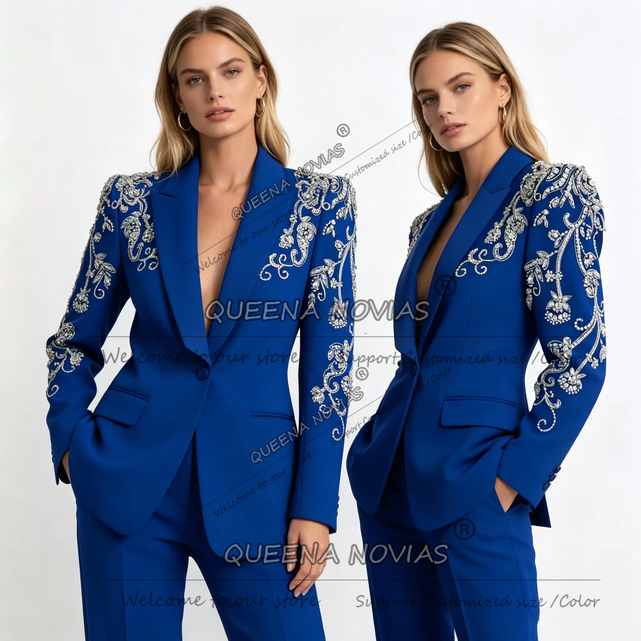 Exclusive Beaded Pearls Suit Women Wedding Single Breasted Prom Blazer Pants 2 Pieces Lady Business Tuxedos Bride's Mother Dress