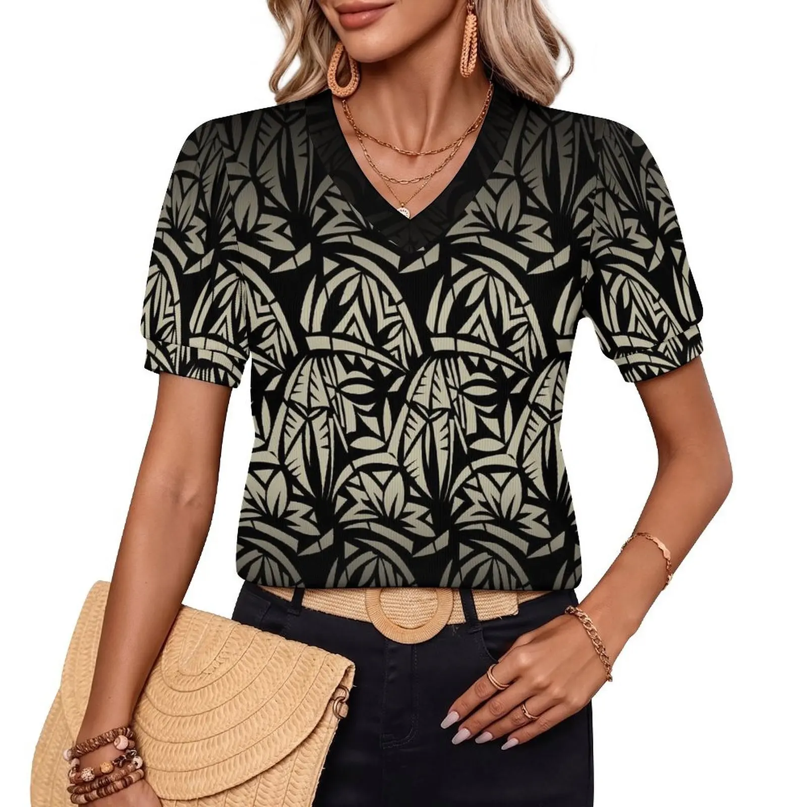 Dropshipping Custom Womens V-neck Casual Short Sleeve Tshirt Pacific Island Art Design Ladies Puff Sleeve T-shirt Samoa Tshirts