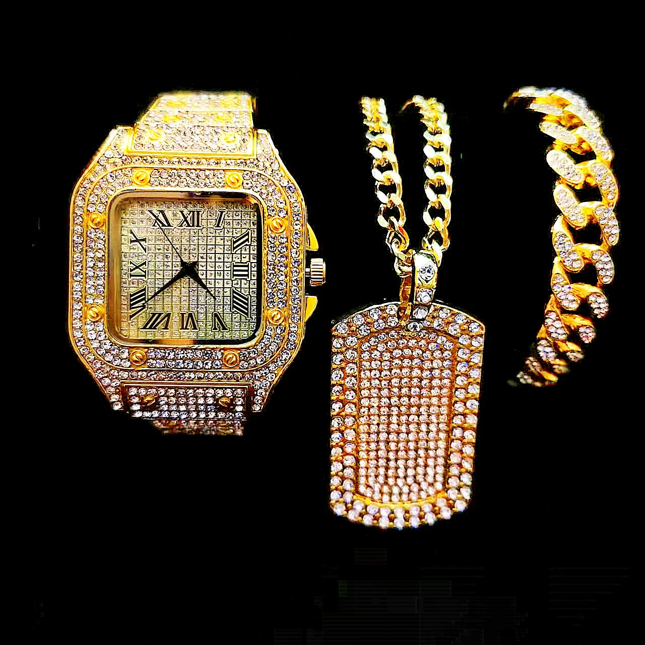 Watch Necklace Bracelet Men 3pcs Luxury Iced Out Watch Men Bling Cuban Chains Fashion Jewelry Square Pendant Mens Gold Watches