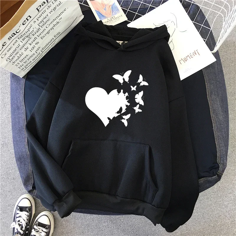 Autumn Winter Daily Casual Sporty Hoodie Female Urban Fashion Warm Comfortable Hoody Coat Heart Print Woman Hooded Sweatshirts