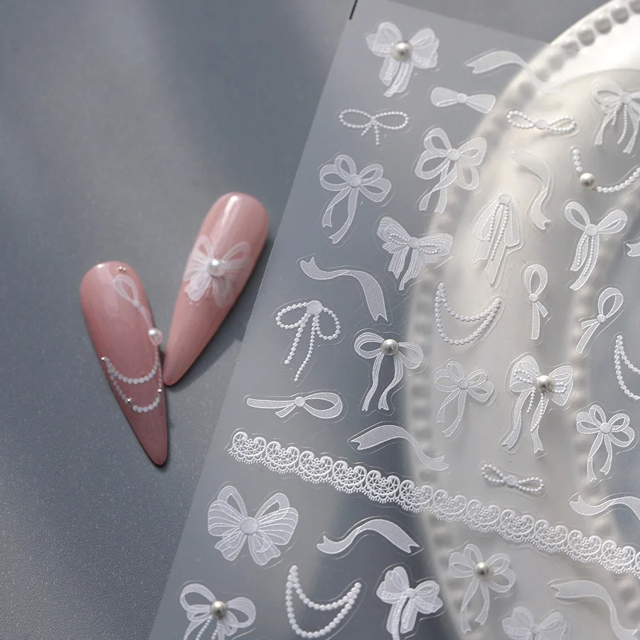 マニキュアステッカー,蝶ネクタイ,シルクリボン,ラインストーン,黒,ピンク,白,シンプルで洗練されたレース,ネイルアート,デカール