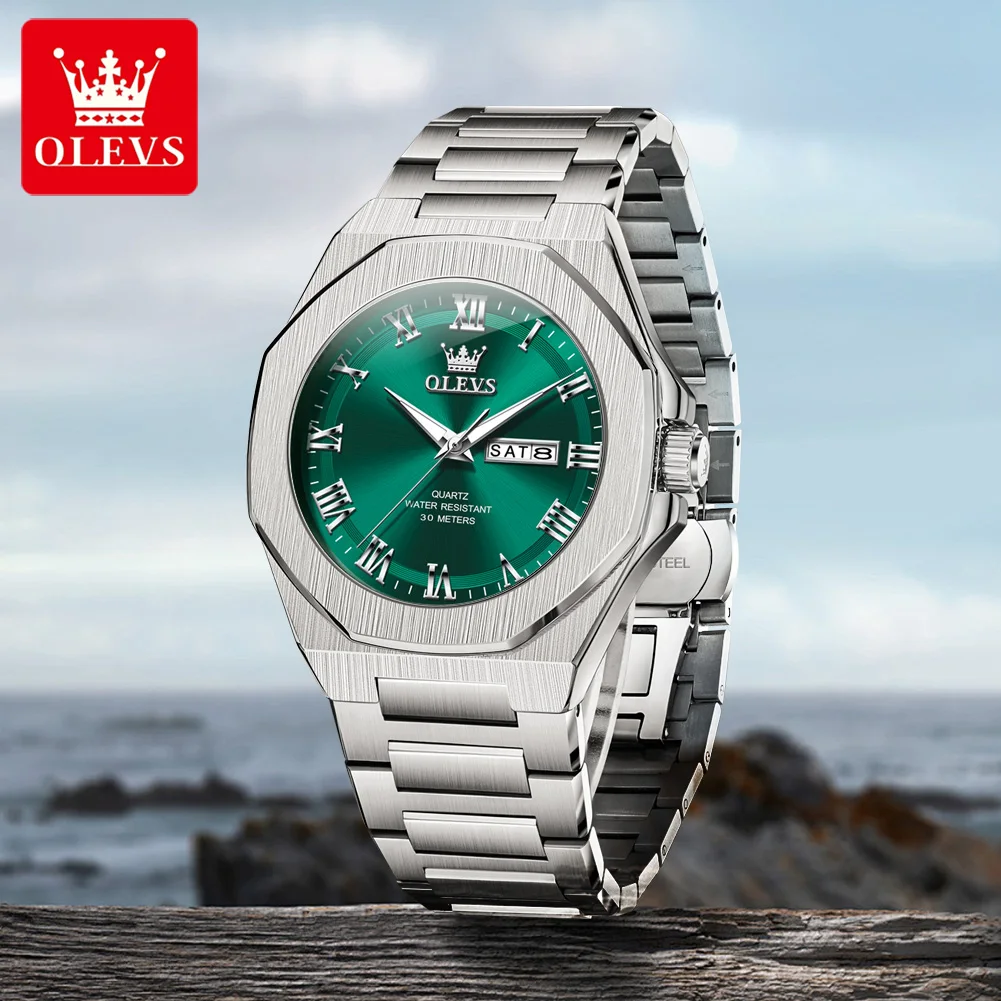 

OLEVS 3727, мужские часы с римским циферблатом, двойной календарь, водонепроницаемые, светящиеся, из нержавеющей стали, роскошные мужские часы