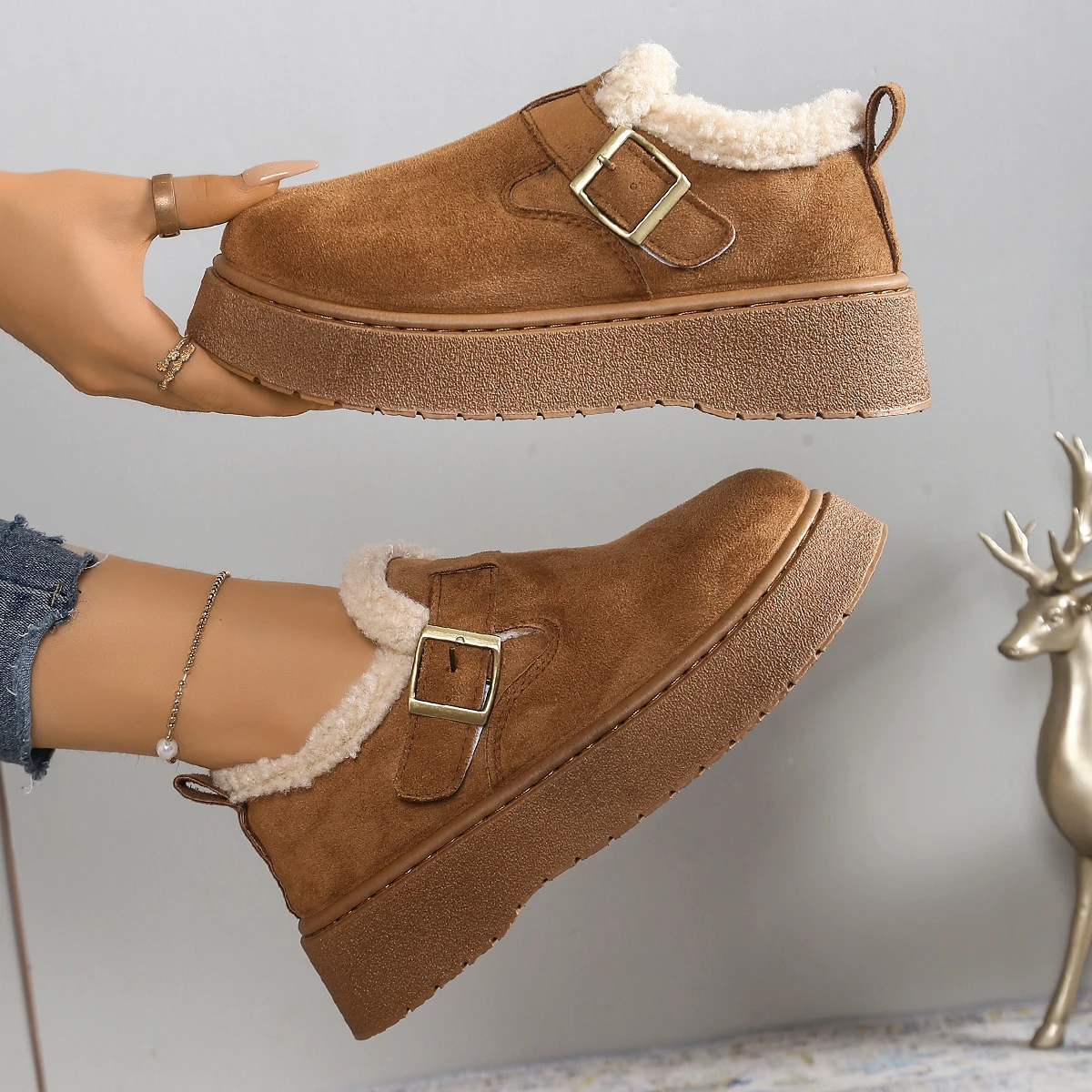 

Женские ботильоны, новинка 2025, зимние зимние ботинки на утолщенном меху, женская обувь без шнуровки в римском стиле, женская обувь на толстом каблуке с резиновой подошвой