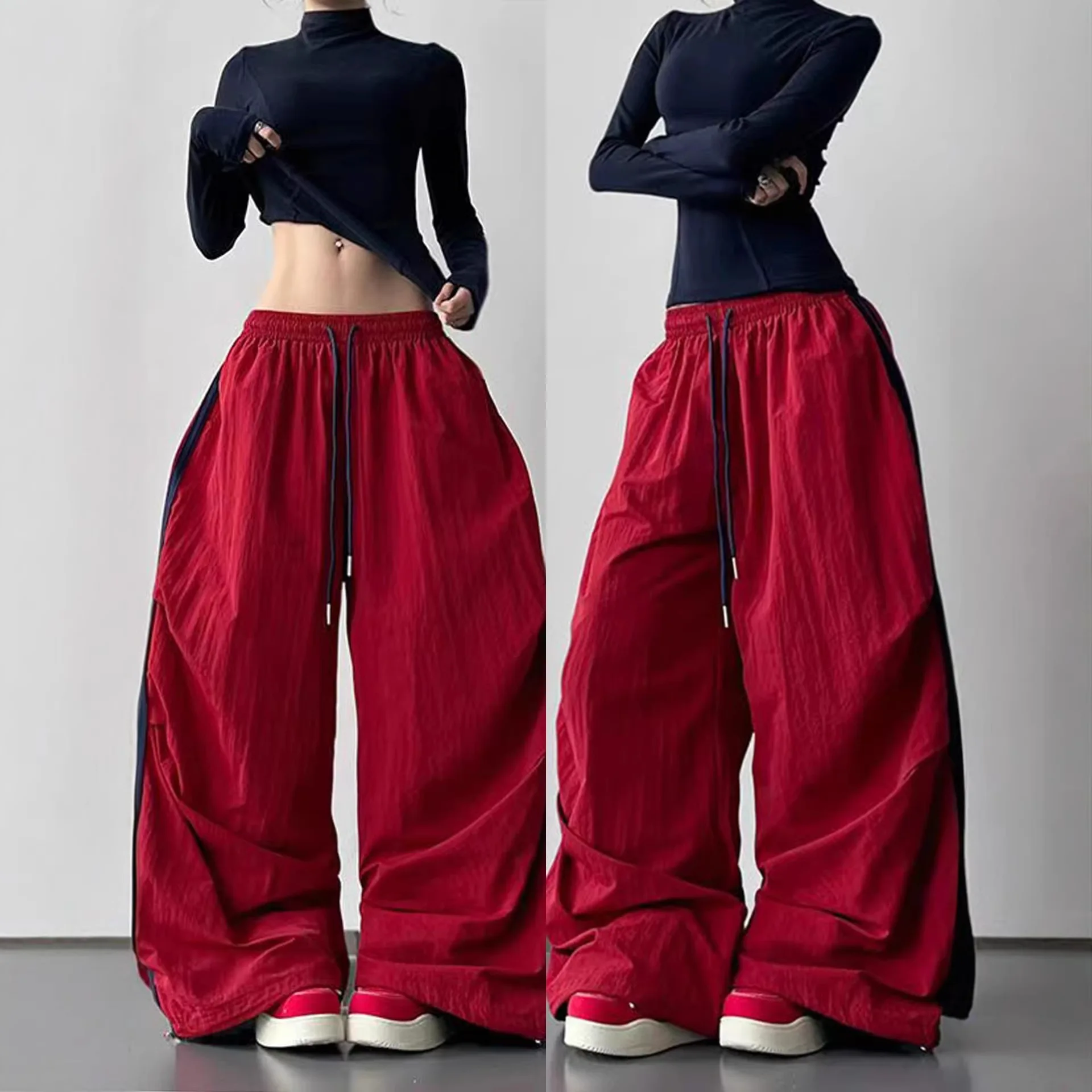 

American Retro Casual Wide Leg Pants Women's Red Straight Leg Pants Sports Pants Slimming Work Pants