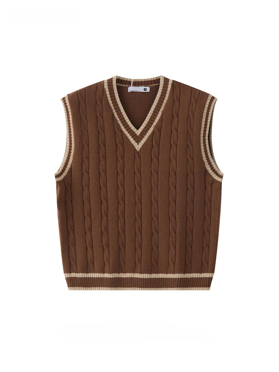 Men Women Woven Twist Color-blocked V-neck Knitted Vests Spring and Autumn British College Style Sleeveless Sweaters Waistcoat