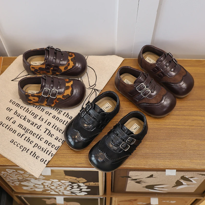 Autumn Boys Girl's Leather Shoes Hook-loop Sewing Stylish Kid's Flat Shoe Solid Colors Anti-slip Daily Casual Children Shoes