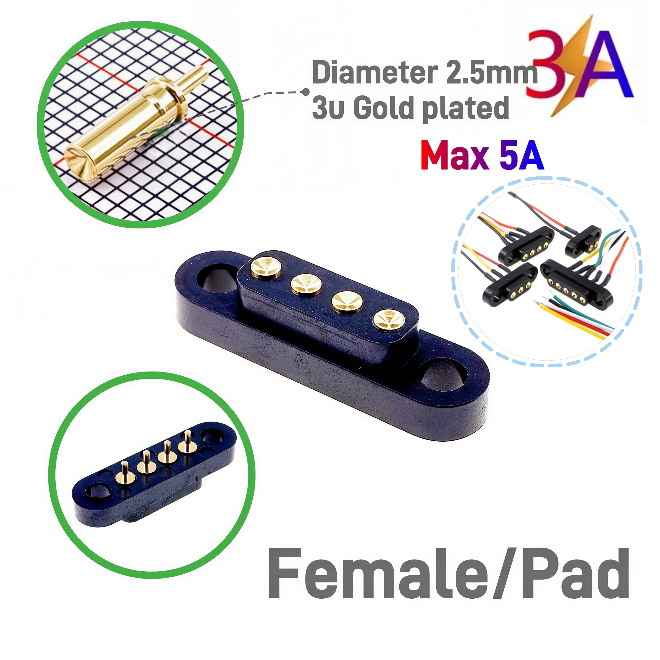 1/3/5 Pairs PogoPin Connector 3A Male Female 4.0mm Pitch Spring Loaded 2 3 4 5Pin DIP Through Hole PCB Mounting Ear Gold Plated view 2