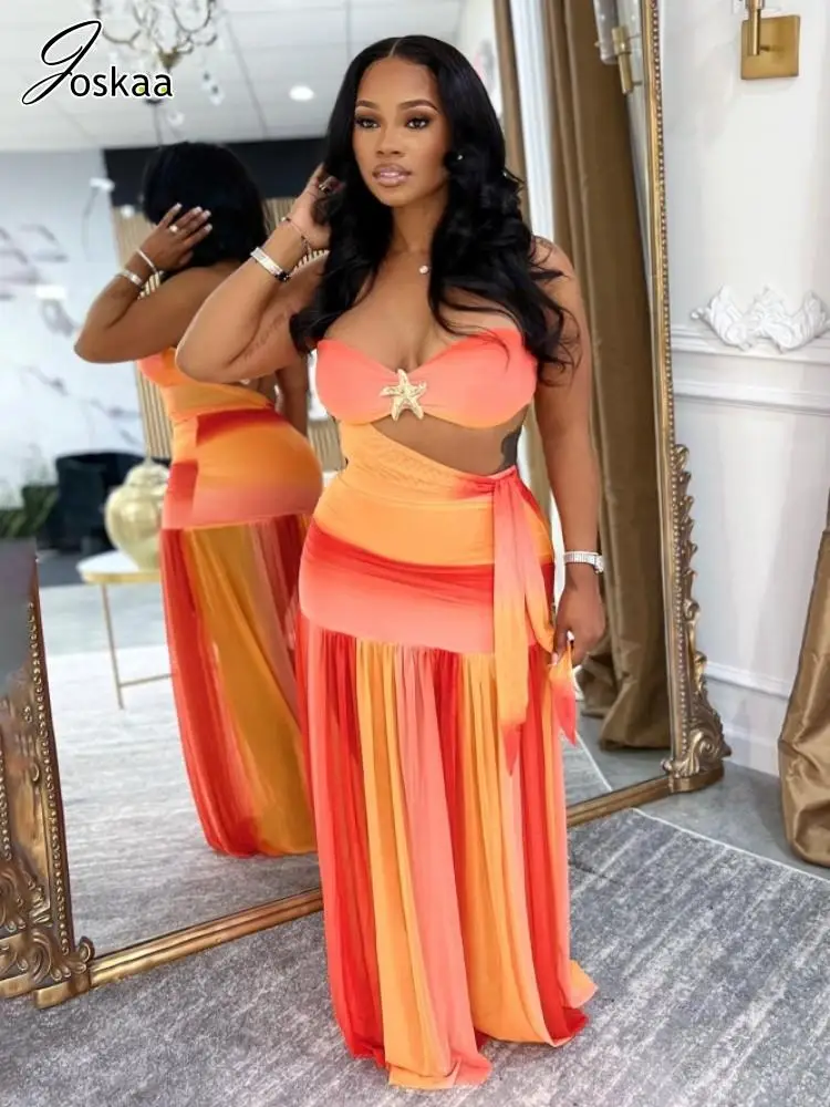 

Joskaa 2025 Women's Gradient Color 2 Piece Set Sexy Starfish Tie Bandeau Top+Ruched Maxi Skirt Matching Holiday Beach Clubwear