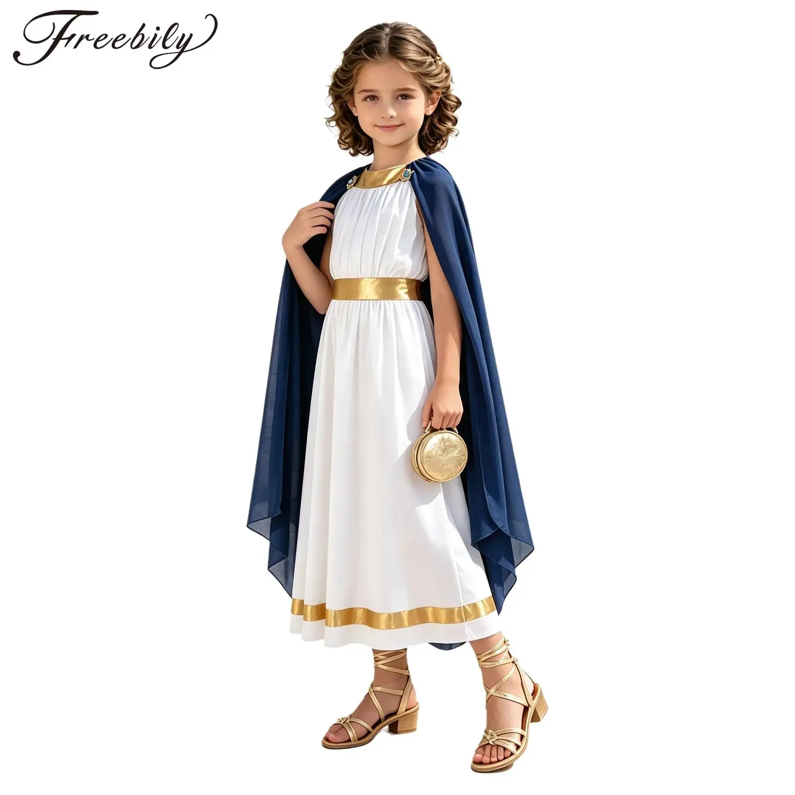 Kid Girls Ancient Greek Athena Goddesses Costume Halloween Cosplay Roman Princess Toga Dress Sleeveless Metallic Trim Shawl Robe