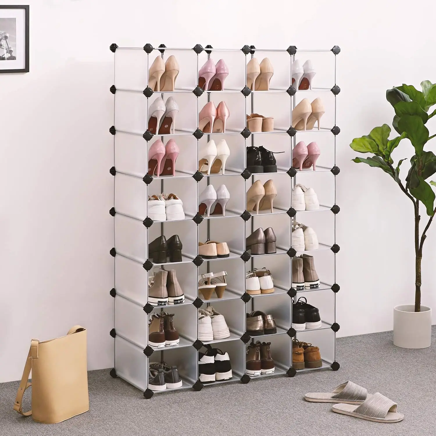 Songmics Shoe Rack, Space-Saving 28-Slot Plastic Shoe Storage Organizer Unit, Shoe Cabinet, Ideal For Entryway Hallway Closet