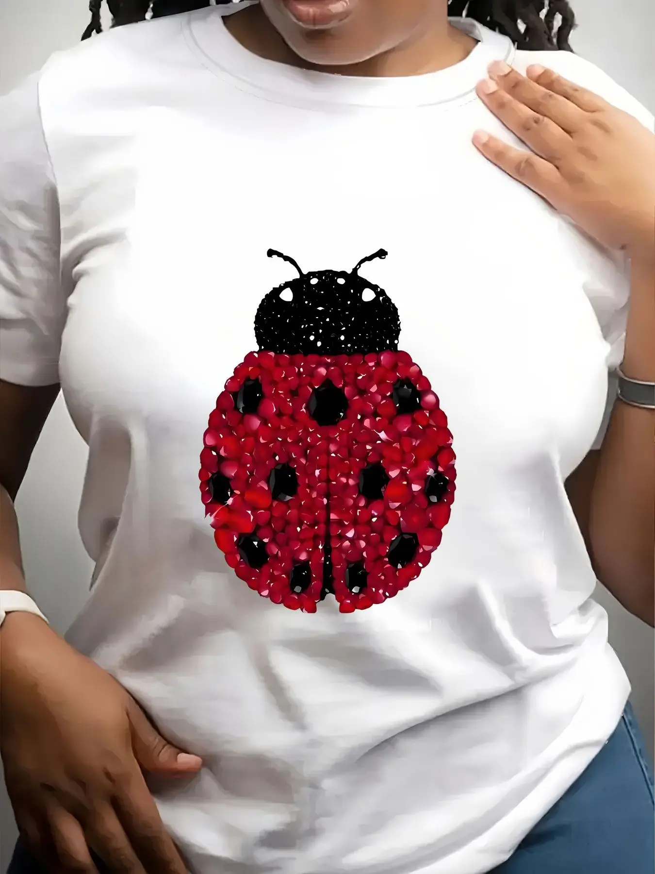 Women's Trendy Crew Neck T-Shirt Red Black Ladybug Rhinestone Print Suitable for Casual Sportswear
