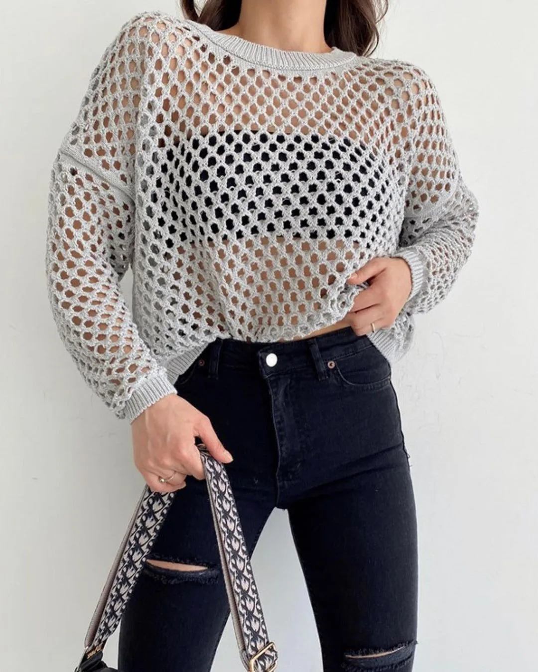 Women Tops Pullovers Round Neck Swimwears Full Sleeve Casual Summer Loose Elegant Y2k Hollow Out Knitted Top Jumpers Summer