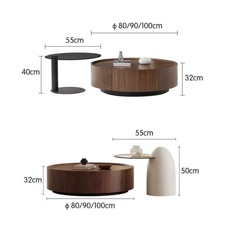 for  Modern Wooden Living Room Coffee Table with Drawers Retro Round Set with Side Table